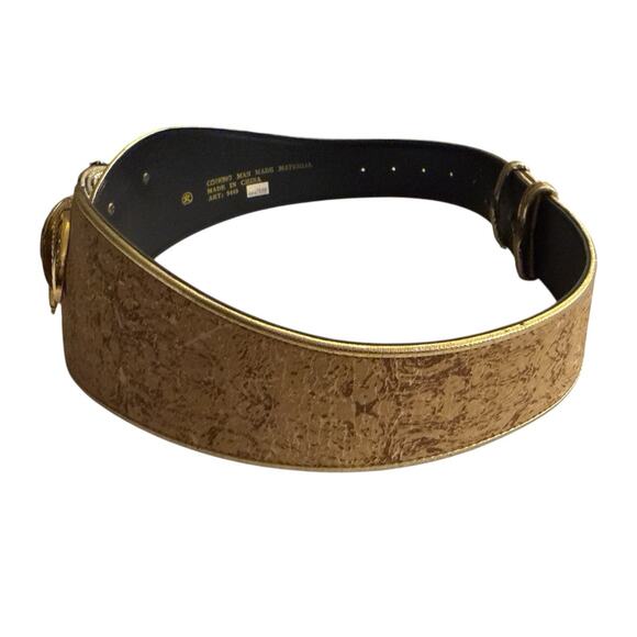 Vtg Belt Julius Resnick 80s Wide Faux Cork Gold Hook Buckle Boho Hippie Statemen main image 8